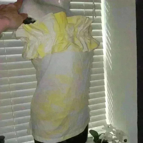 Women's White and Yellow Strapless Super Wide Shoulder Ruffle Top by Man… - Picture 6 of 11